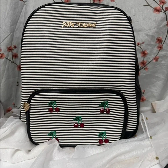 EUC! Betsey Johnson Vintage Striped Sparkle Backpack with Red Cherry Pom Poms EUC! Betsey Johnson Vintage Striped Sparkle Backpack with  main image 2